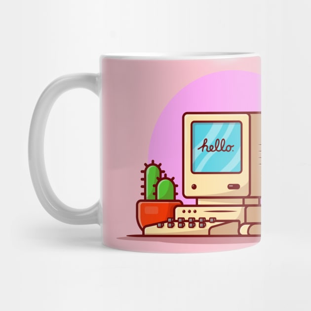 Old Computer Desktop with Coffee and Cactus Cartoon Vector Icon Illustration by Catalyst Labs